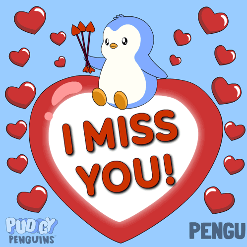 Penguin Sitting on Heart Saying I Miss You