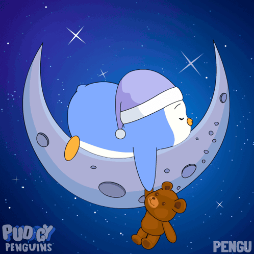 Penguin Sleeping On Crescent Moon With Teddy Bear GIF