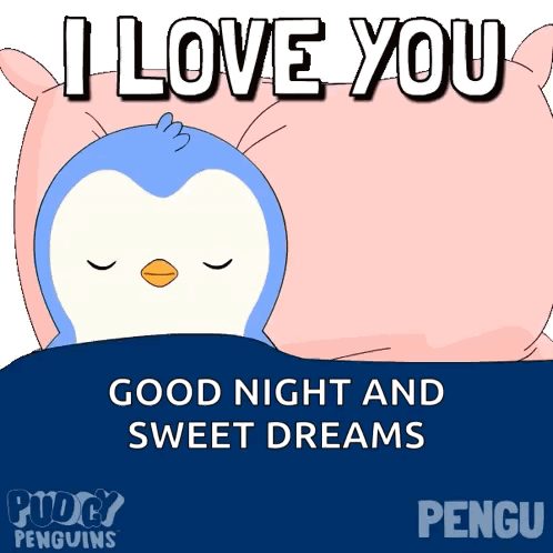 Penguin Sleeping Under Pink Pillow Says I Love You