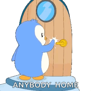 Penguin Standing in Front of Anybody Home Door