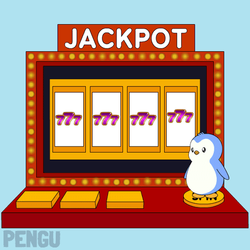 Penguin Standing In Front Of Slot Machine Saying Jackpot GIF
