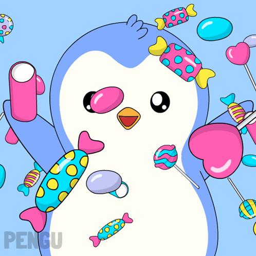 Penguin Surrounded By Colorful Candies And Text Pengu GIF