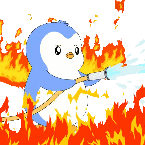 Penguin Surrounded by Flames Spitting Water