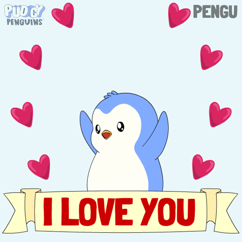 Penguin Surrounded by Hearts I Love You Banner
