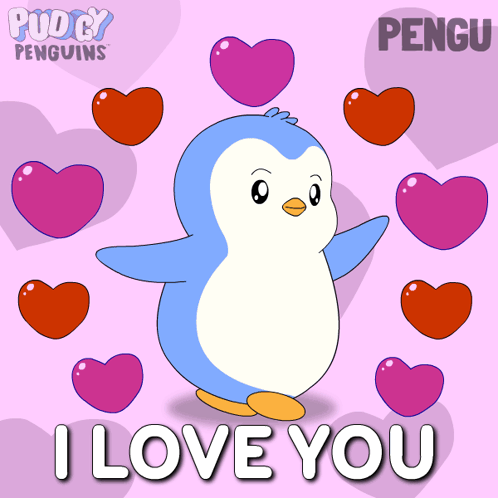 Penguin Surrounded by Hearts I Love You