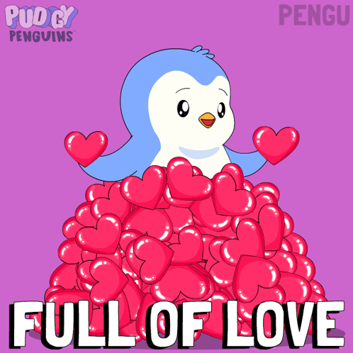 Penguin Surrounded By Pink Hearts Full Of Love GIF