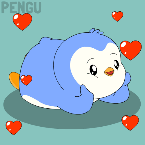Penguin Surrounded by Red Hearts