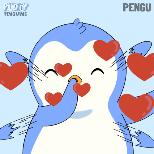 Penguin Surrounded By Red Hearts Saying Pengu GIF