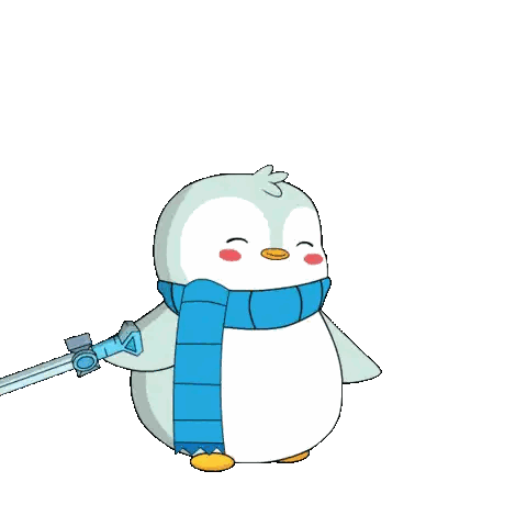 Penguin Wearing Blue Scarf Holding Sword