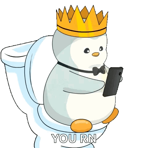 Penguin Wearing Crown and Bow Tie Sitting on Toilet with Phone