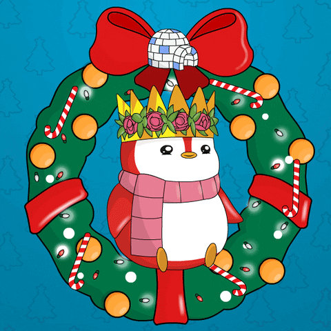 Penguin Wearing Crown in Christmas Wreath With Candy Canes