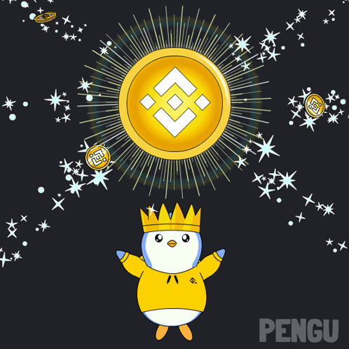 Penguin Wearing Crown Surrounded By Gold Coins Saying Pengu GIF