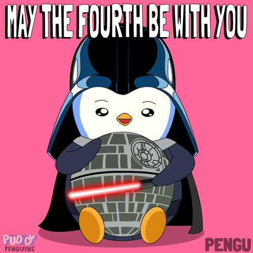 Penguin Wearing Darth Vader Helmet Holding Death Star