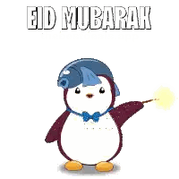 Penguin Wearing Fish Hat Holding Umbrella Eid Mubarak