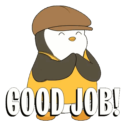 Penguin Wearing Hat and Overalls Saying Good Job
