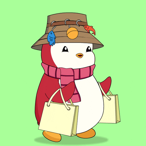 Penguin Wearing Hat And Scarf Carrying Shopping Bags GIF