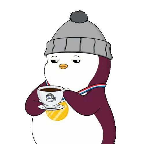Penguin Wearing Hat and Scarf With Coffee