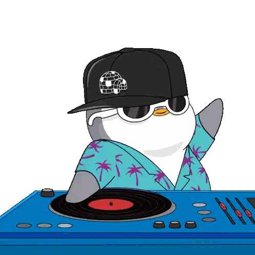 Penguin Wearing Hat and Sunglasses Behind Turntable
