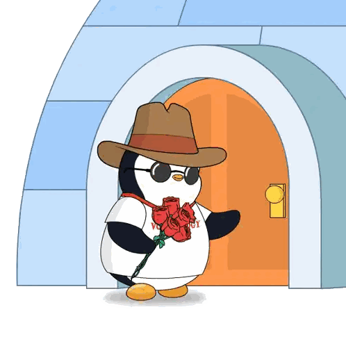 Penguin Wearing Hat and Sunglasses Holding Roses