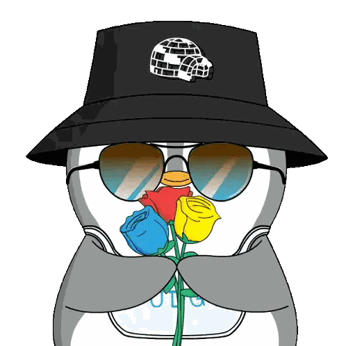Penguin Wearing Hat and Sunglasses Holding Roses