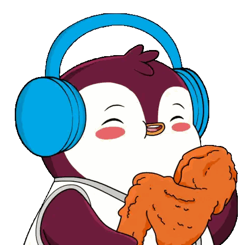 Penguin Wearing Headphones Eating Chicken