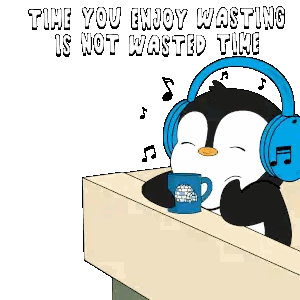 Penguin Wearing Headphones Holding Coffee