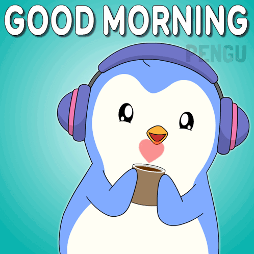 Penguin Wearing Headphones Holding Coffee Saying Good Morning