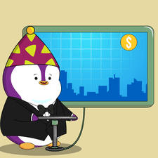 Penguin Wearing Party Hat in Front of Screen With Dollar Sign