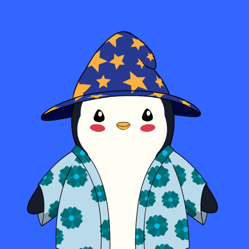 Penguin Wearing Wizard Hat and Flowered Shirt