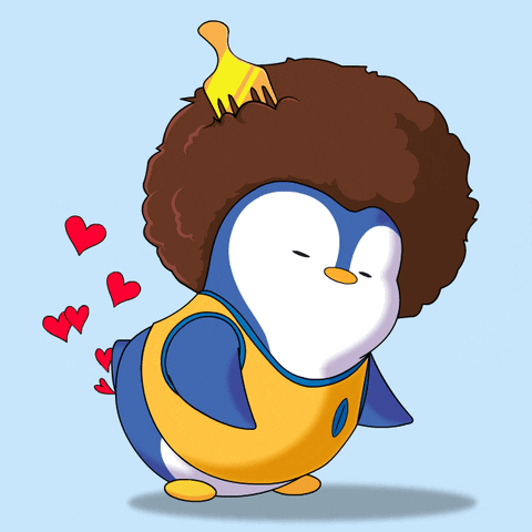 Penguin with Afro Being Brushed by Yellow Fork