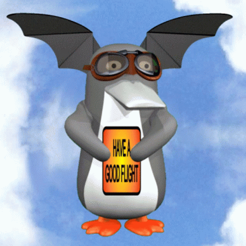 Penguin with Bat Wings Holding Have a Good Flight Sign