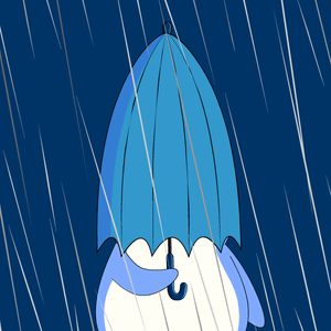 Penguin with Blue Umbrella in Rain