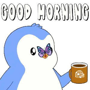 Penguin With Butterfly Holds Coffee Good Morning