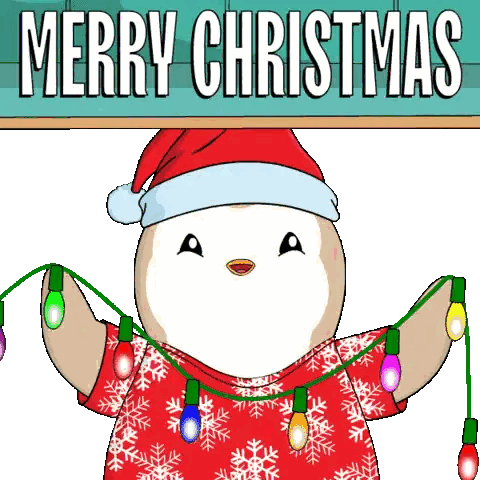 Penguin with Christmas Lights and Merry Christmas Sign