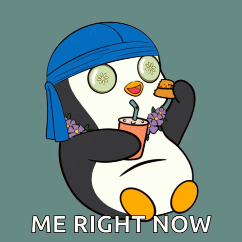 Penguin With Cucumbers Drinking and Eating Burger