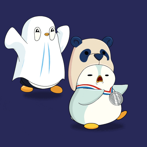 Penguin With Cute Ghost Costume Chasing Other Penguin GIF