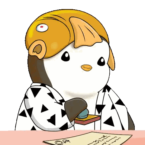 Penguin with Fish Hat Holding Stamp