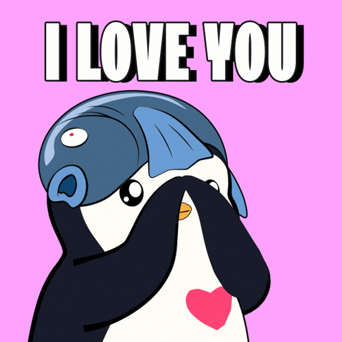 Penguin with Fish on Head Saying I Love You