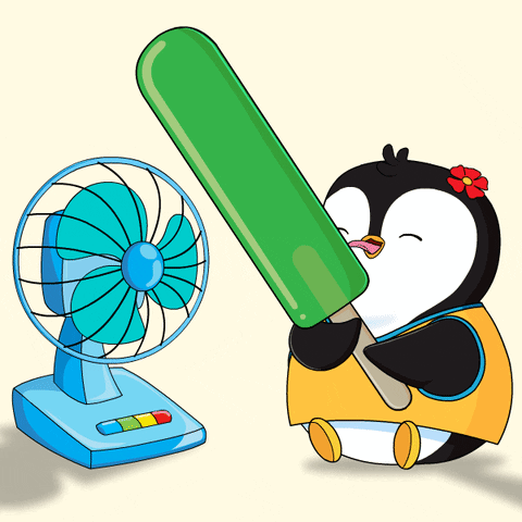 Penguin With Flower Holding Green Ice Cream Beside Fan GIF