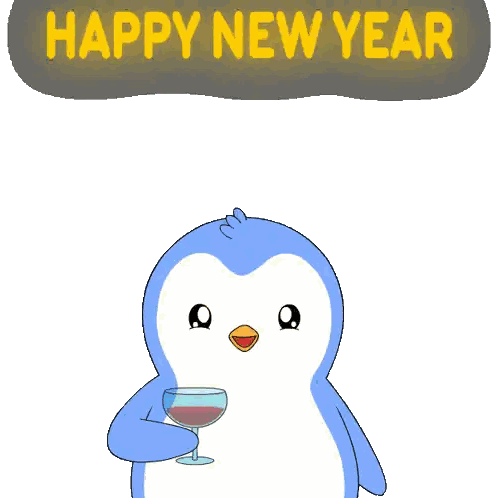 Penguin with Glass of Wine and Happy New Year Sign