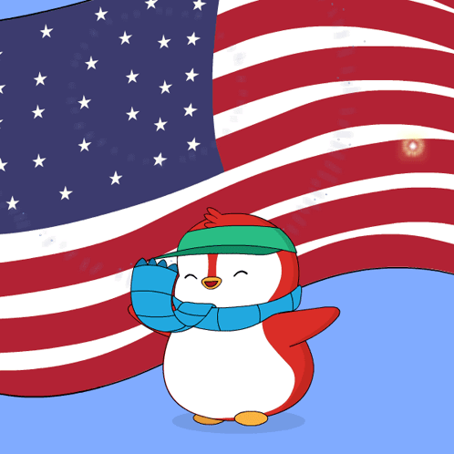 Penguin With Hat And Scarf Before Large American Flag GIF