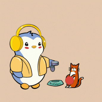 Penguin with Headphones Next to Cat