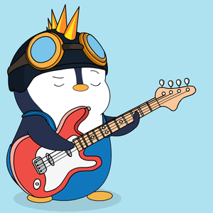 Penguin With Helmet and Goggles Playing Guitar