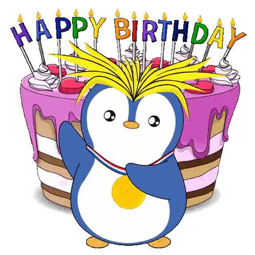 Penguin with Medal in Front of Birthday Cake