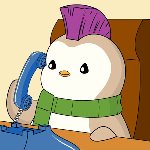 Penguin With Mohawk Talking on Blue Phone