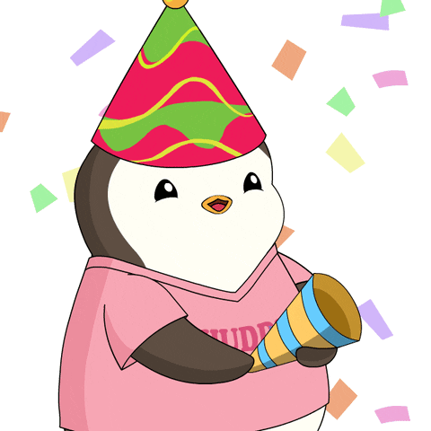 Penguin With Party Hat And Pink Shirt Holding Confetti Cannon GIF