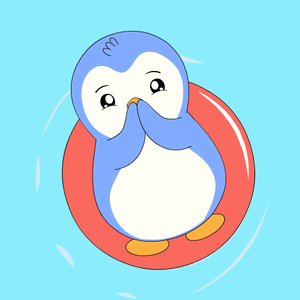Penguin with Pink Hearts Floating on Red Ring