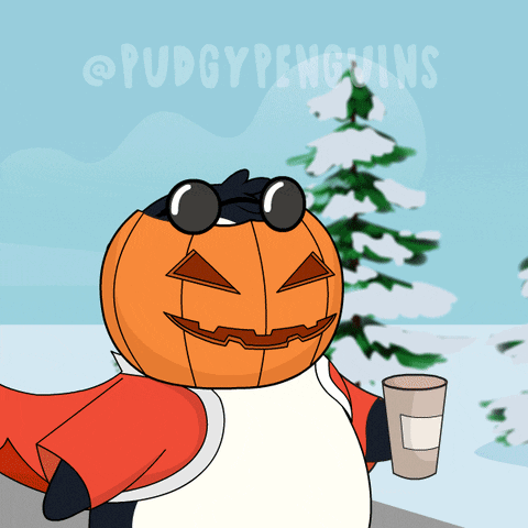 Penguin With Pumpkin on Head Holding Coffee