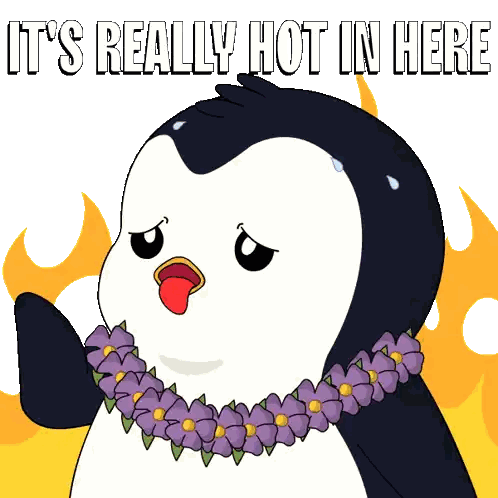 Penguin with Purple Flowers Saying It's Really Hot