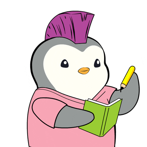 Penguin with Purple Mohawk Holding Book and Pencil